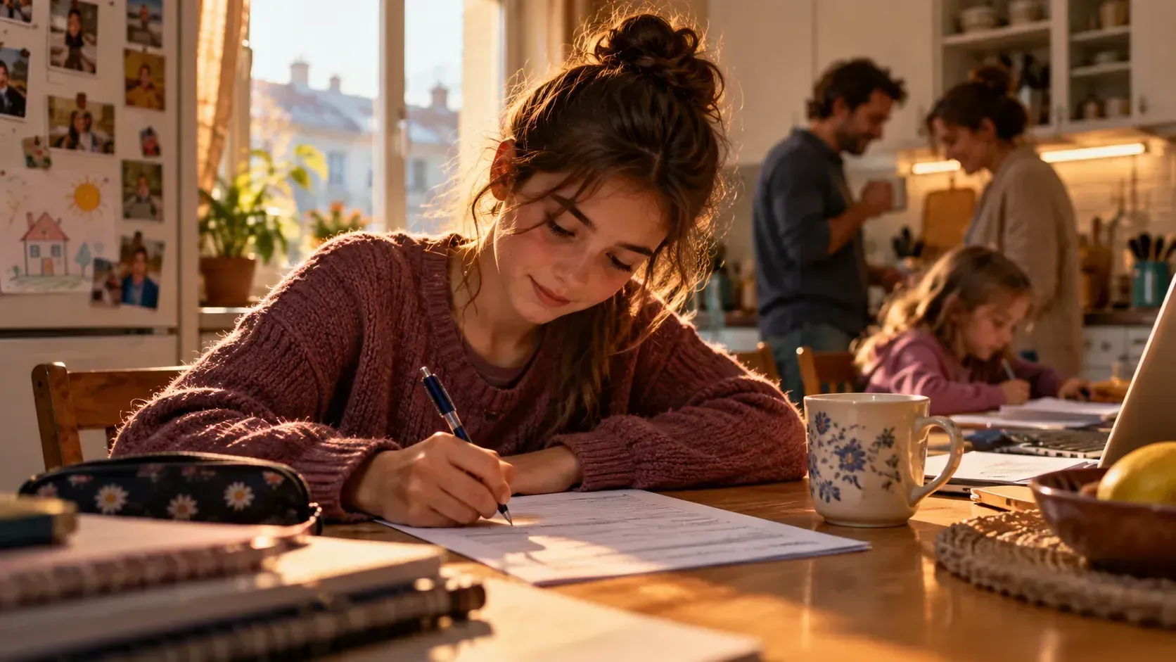 A teenage girl writes her family’s home address in ink on a school form at the kitchen table, with her younger sister and parents nearby.