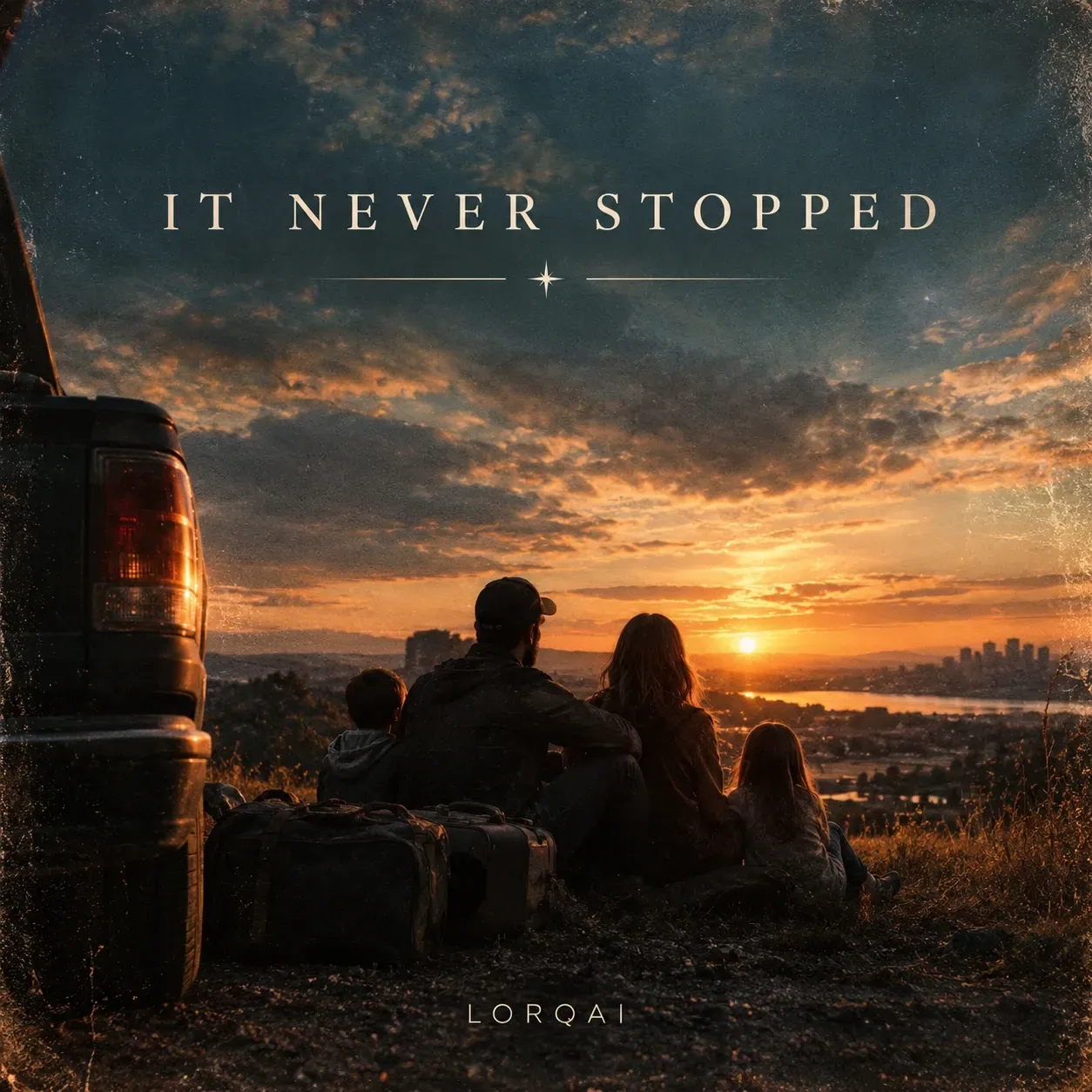 IT NEVER STOPPED — official release cover by LORQAI featuring a family overlooking a sunset beside their car and luggage.