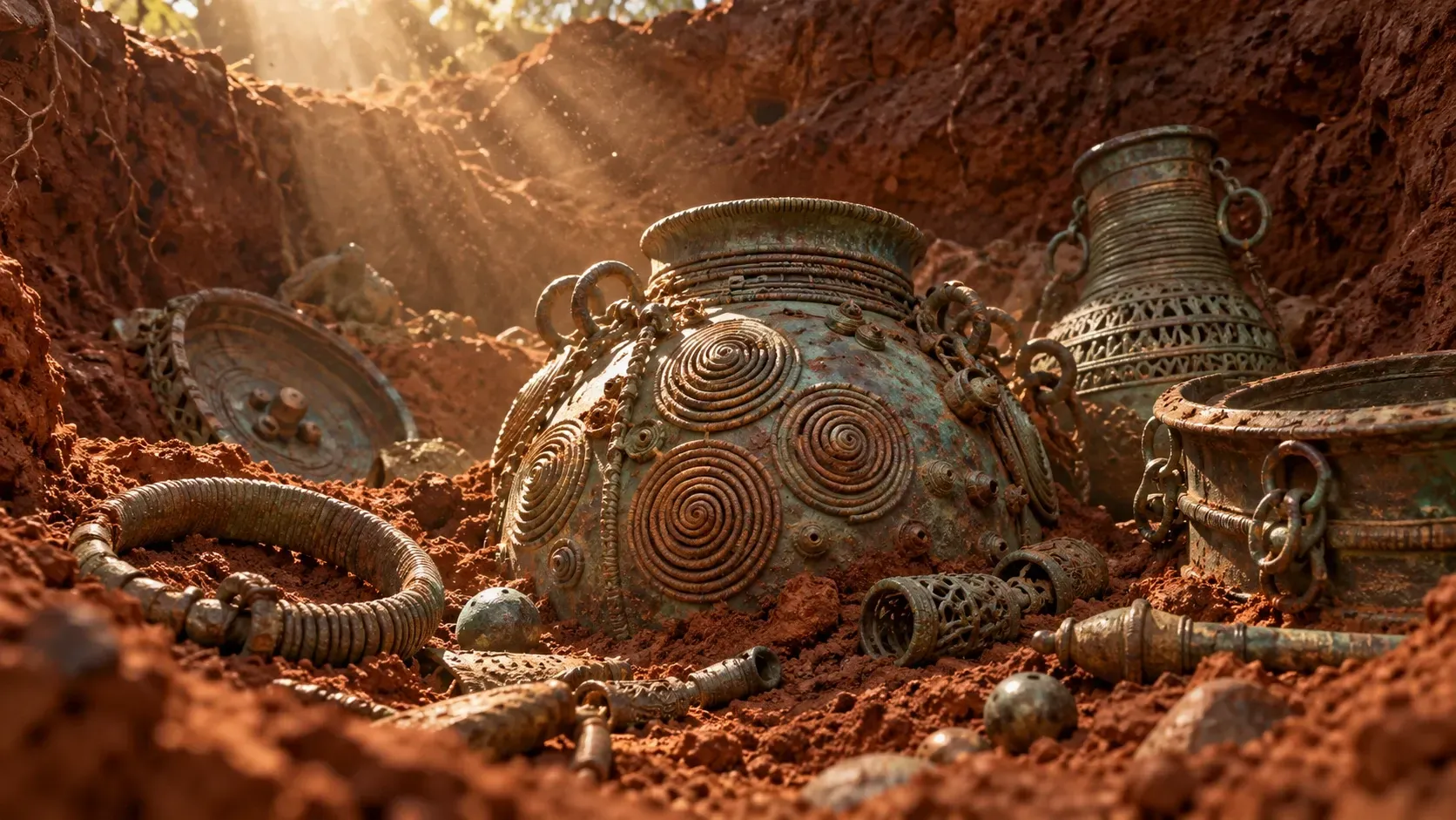 AI-generated conceptual illustration of ornate ancient copper-alloy vessels and small ornaments partially buried in reddish soil, illuminated by sunlight from above.