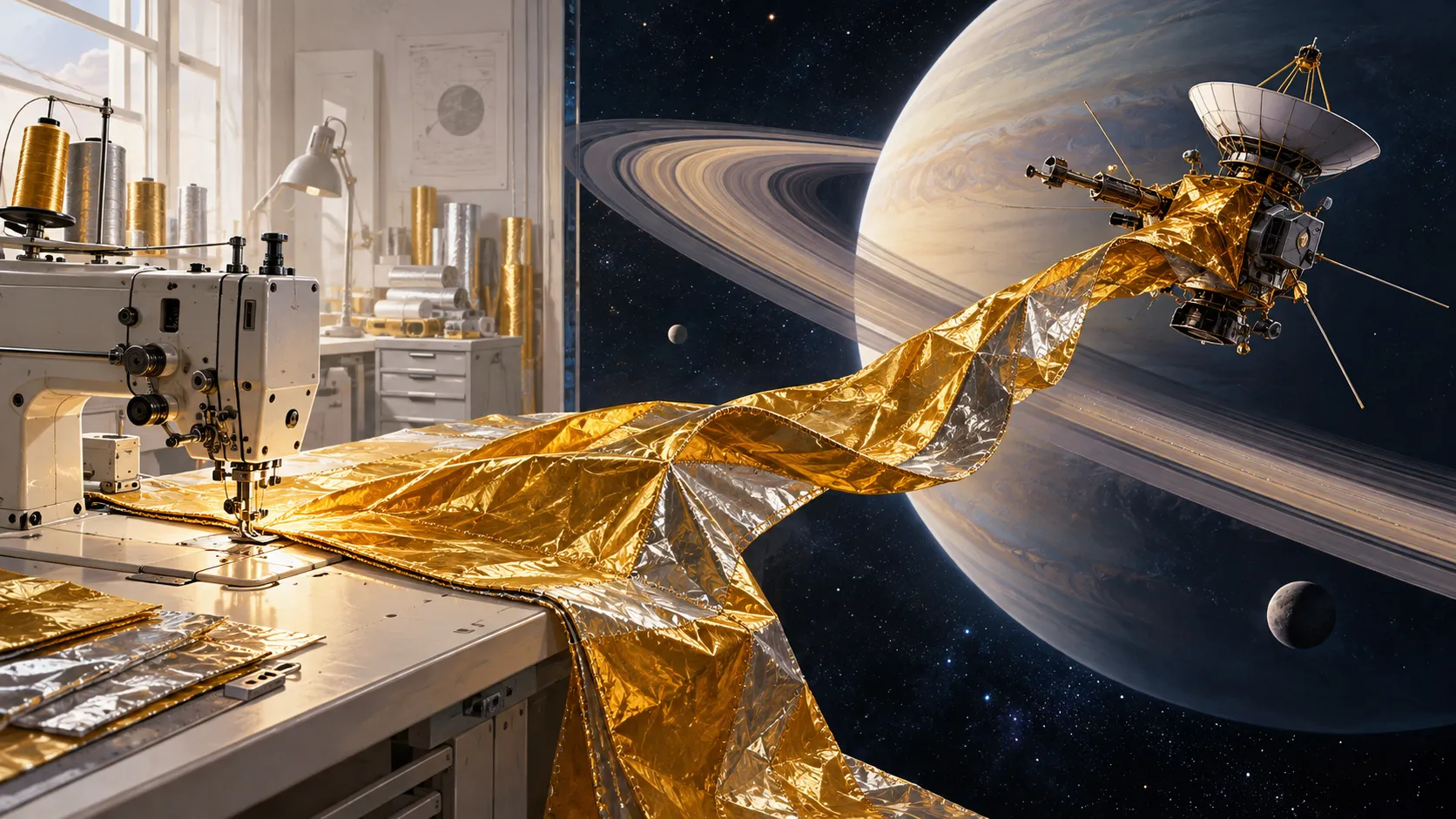 An industrial sewing machine stitches golden spacecraft insulation that extends into space and wraps a small probe near Saturn.
