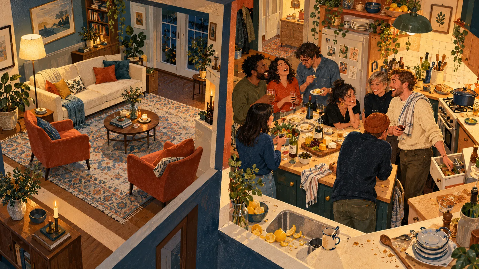 A group of friends gathers in a warm, crowded kitchen while a beautifully prepared living room remains empty.
