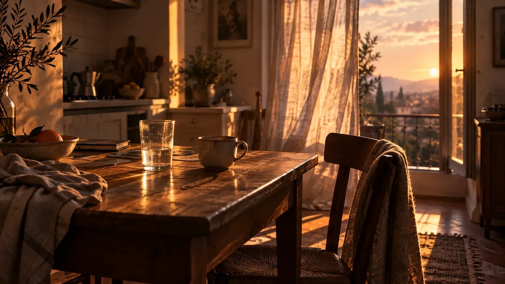 A single glass of water and a mug sit on a worn wooden kitchen table near an empty chair while warm morning light filters through open curtains.