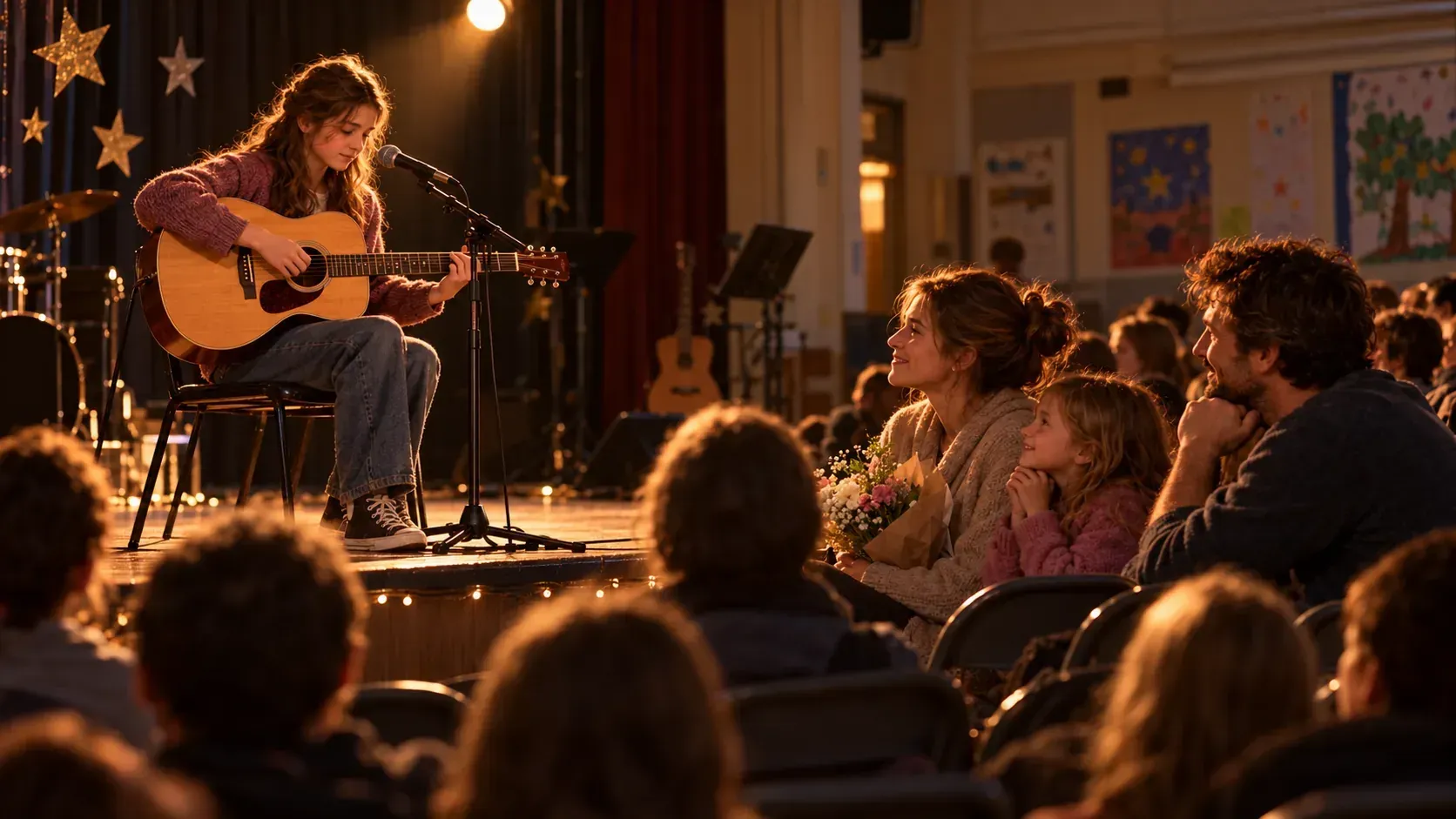 Teenage Mara plays an acoustic guitar on a school stage as her parents and younger sister watch proudly from the audience.