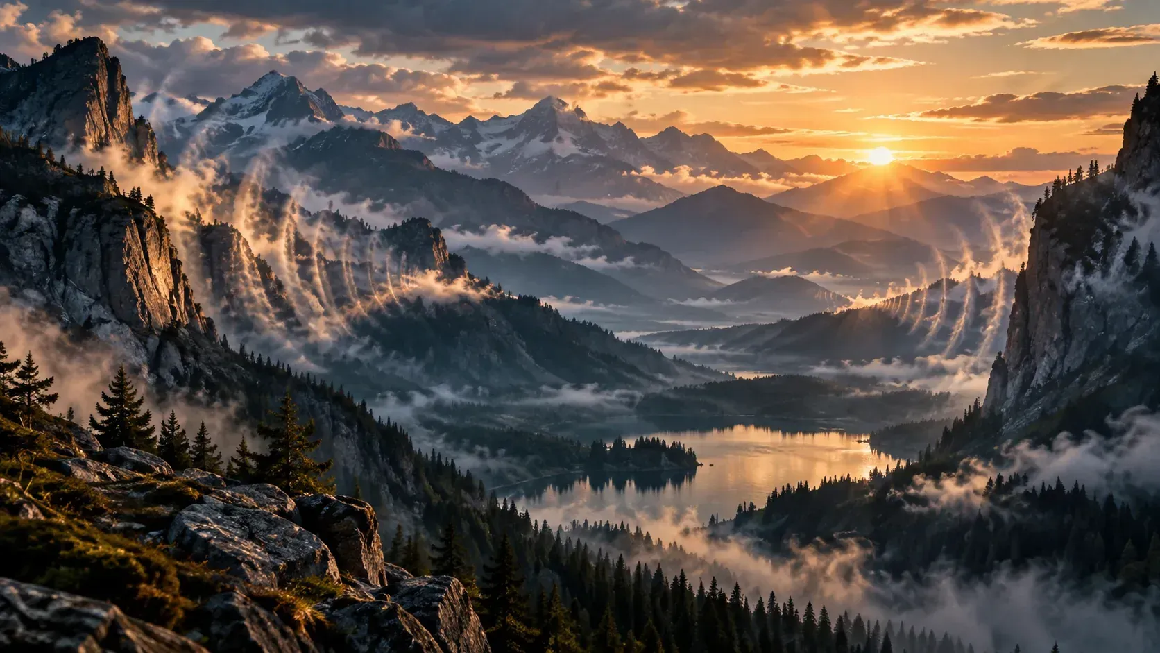 Sunrise over a mist-filled mountain valley and reflective lake, with echo-like arcs of fog between forested ridges.