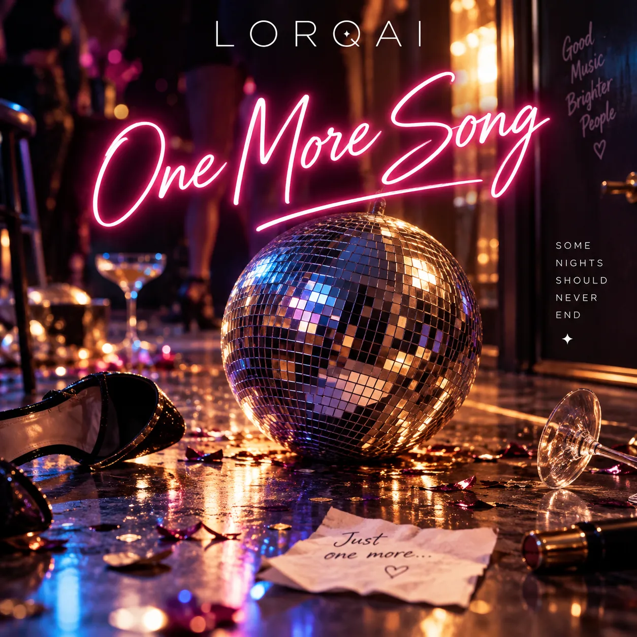 ONE MORE SONG — official release cover by LORQAI, featuring a mirrored disco ball and pink neon lettering