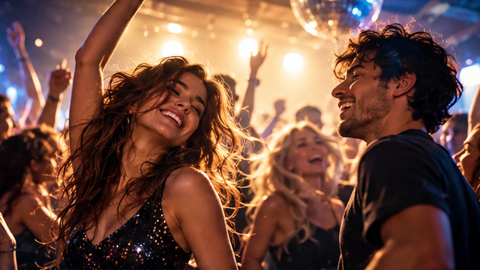 Two friends dance and laugh together on a nightclub dance floor as other guests celebrate behind them.