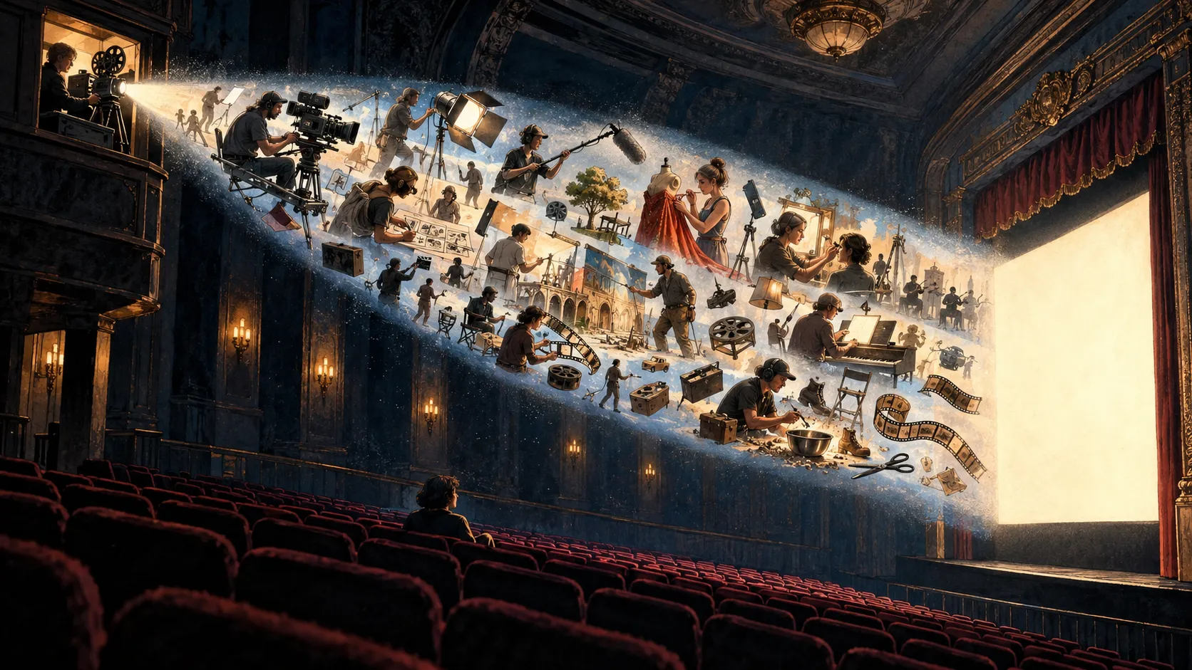 A lone cinema spectator watches a glowing screen as a surreal projection beam reveals miniature film crew members, cameras, lights and filmmaking tools.
