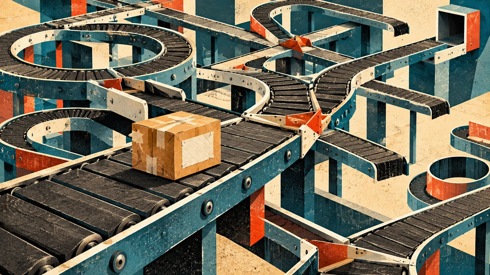 A lone cardboard parcel sits on a conveyor belt surrounded by an impossible maze of postal sorting routes that lead nowhere.