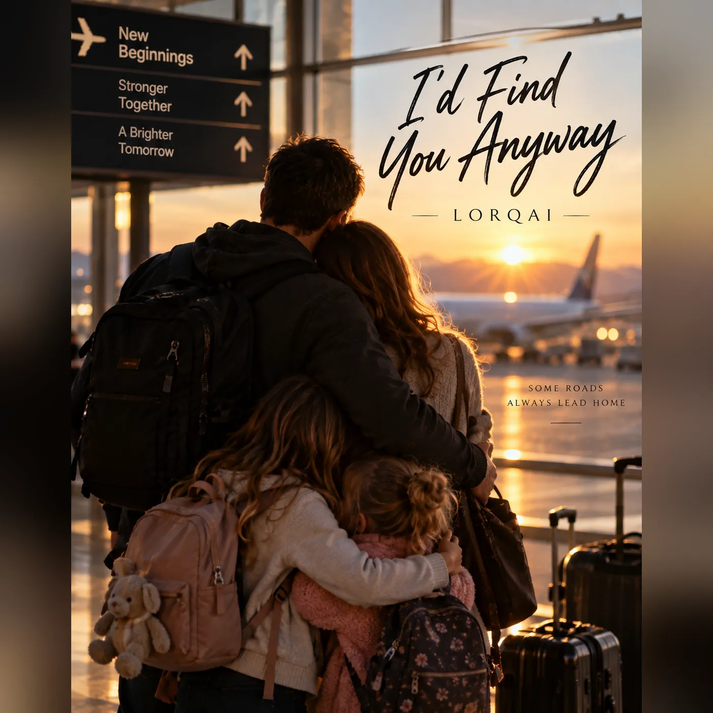 I’D FIND YOU ANYWAY — LORQAI official release artwork, showing a family embracing at an airport before a new journey.
