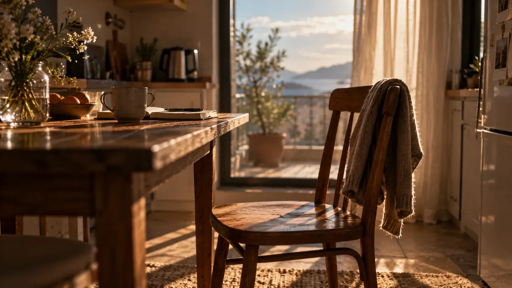 An empty wooden chair pulled away from the kitchen table, with a knitted cardigan over its back in the familiar apartment.