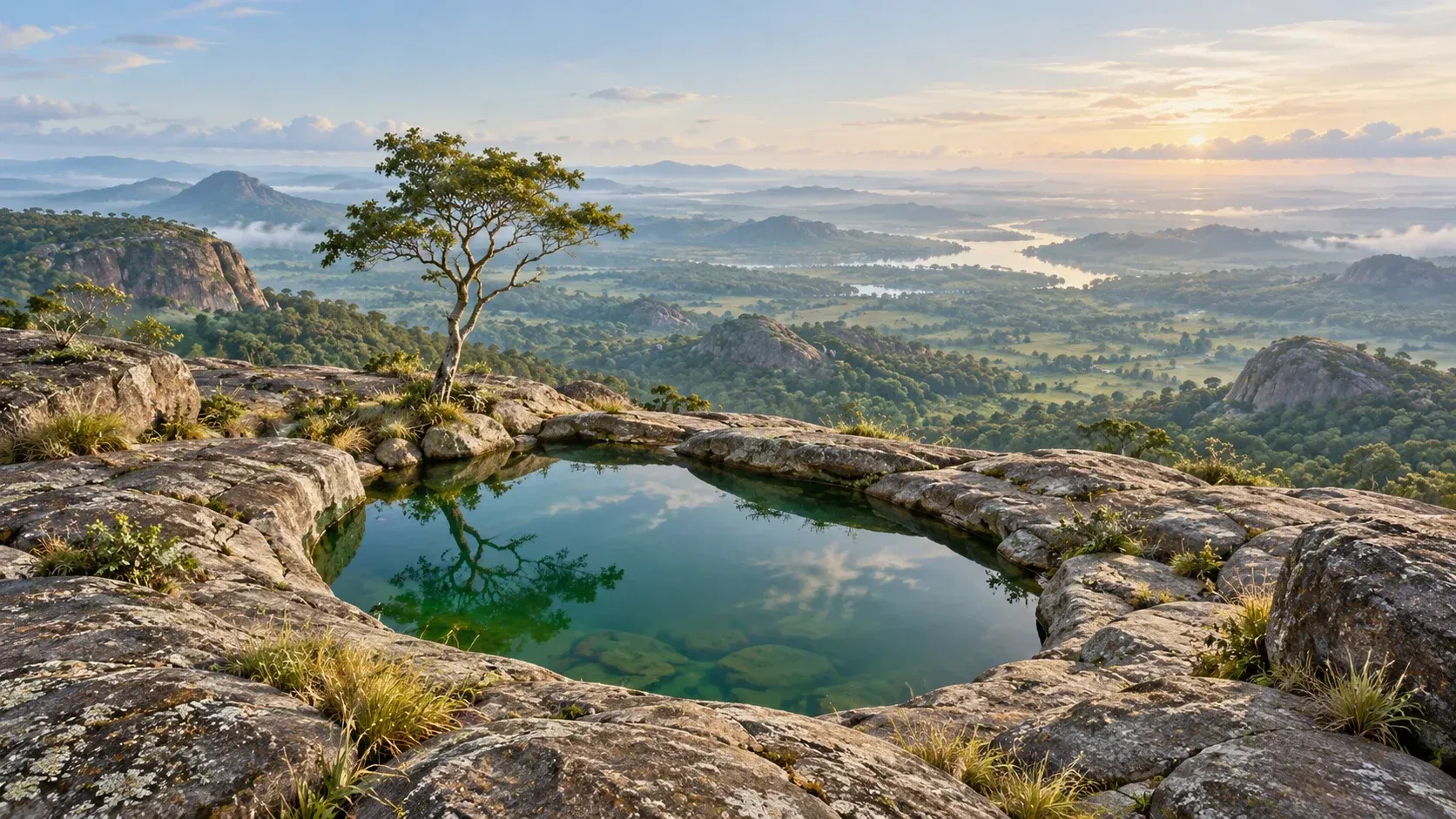 Conceptual illustration of a small green lake surrounded by broad weathered rock on a high hill, with a solitary tree and a hazy valley in the distance.