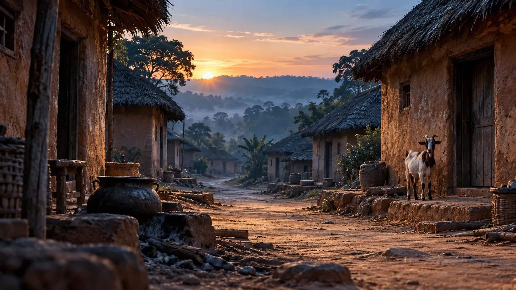 Conceptual digital illustration of an empty village lane at dawn, with earthen buildings, a cooking pot and a lone goat near a doorway.