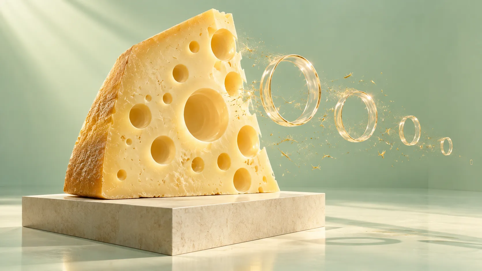 A giant wedge of Swiss cheese in a minimalist mint-green gallery, with transparent circular forms floating away from its holes.