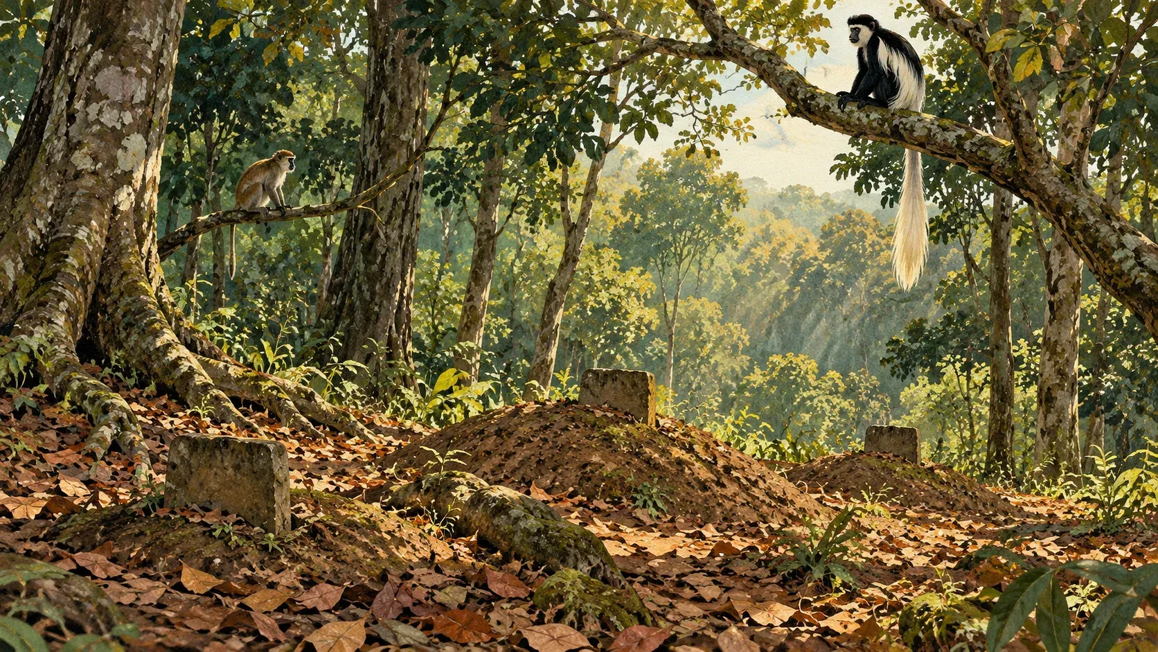 Conceptual illustration of a black-and-white colobus monkey and a brown mona monkey on branches above a leafy forest clearing with simple unmarked grave mounds and stone markers.
