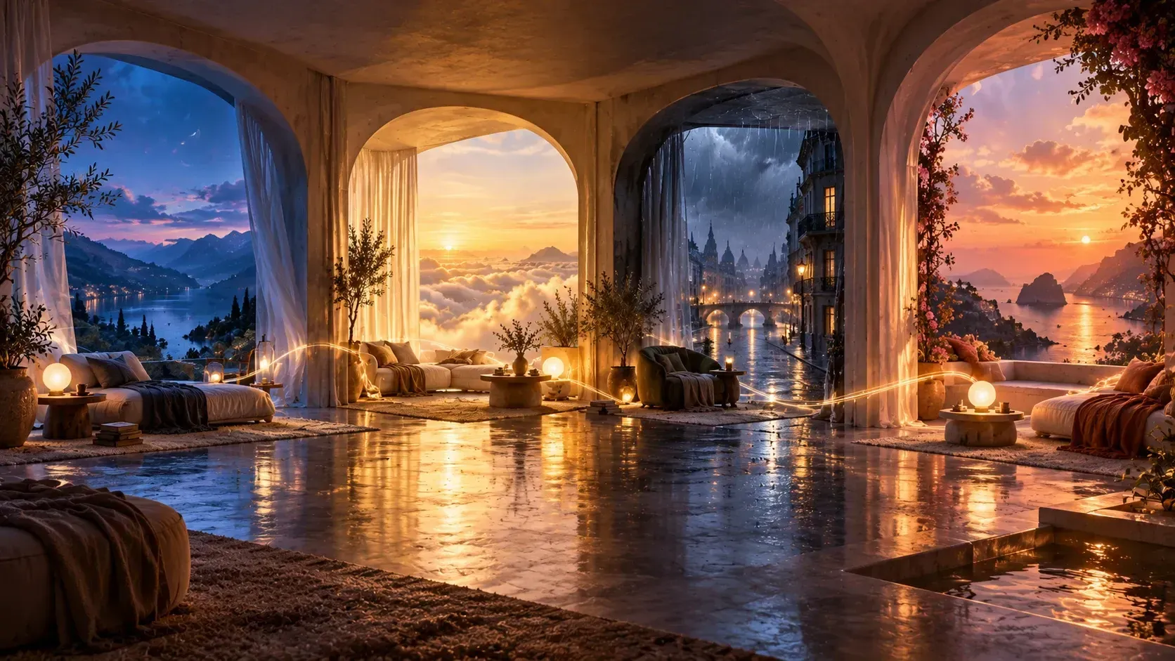 Four archways inside one dreamlike house open onto blue mountains, golden clouds, a rain-soaked city and a sunset sea, connected by a glowing thread of light.