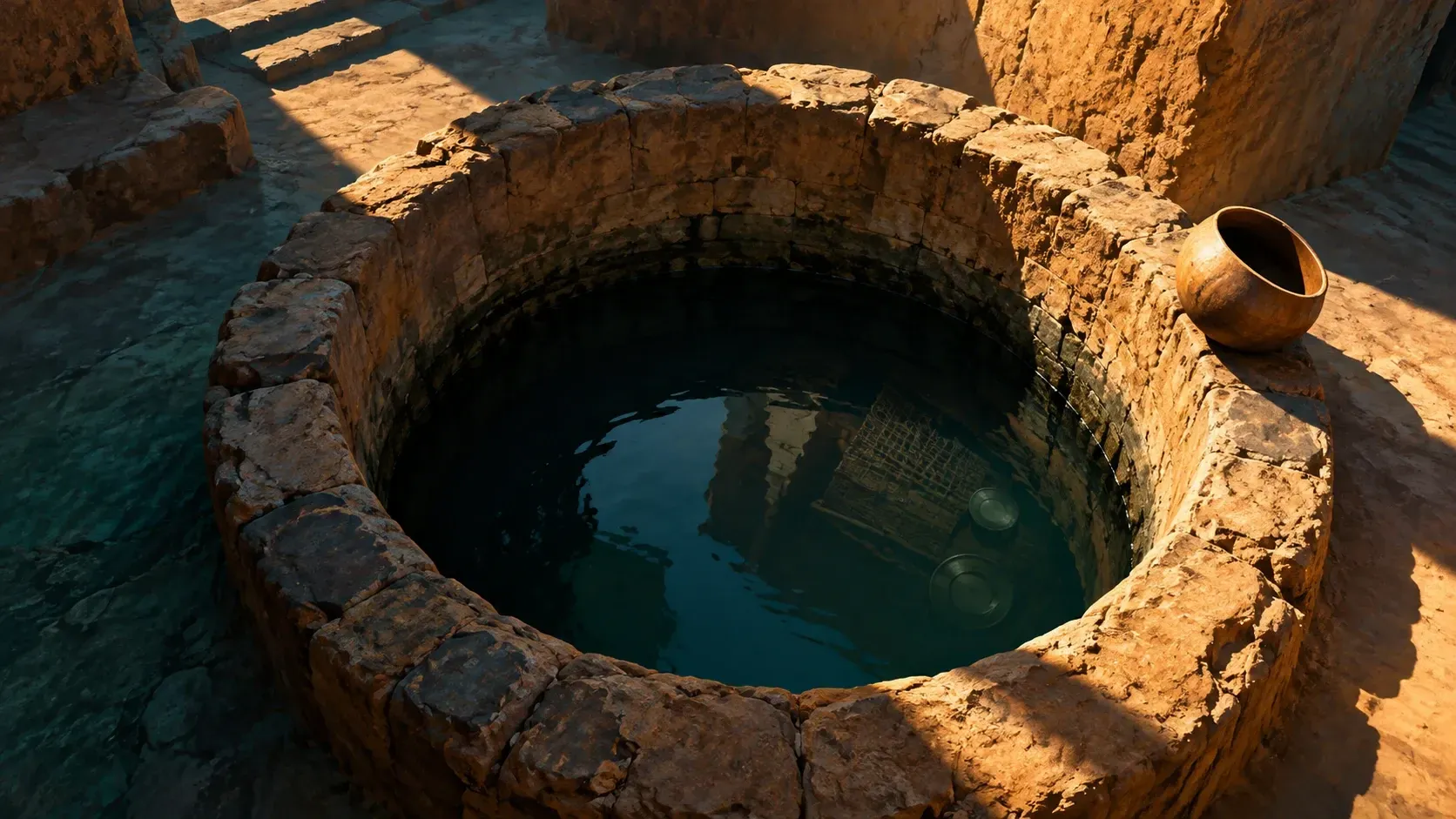 Conceptual illustration of an old stone-lined well with dark water, a calabash resting on the rim, and faint silvery reflections in the water.