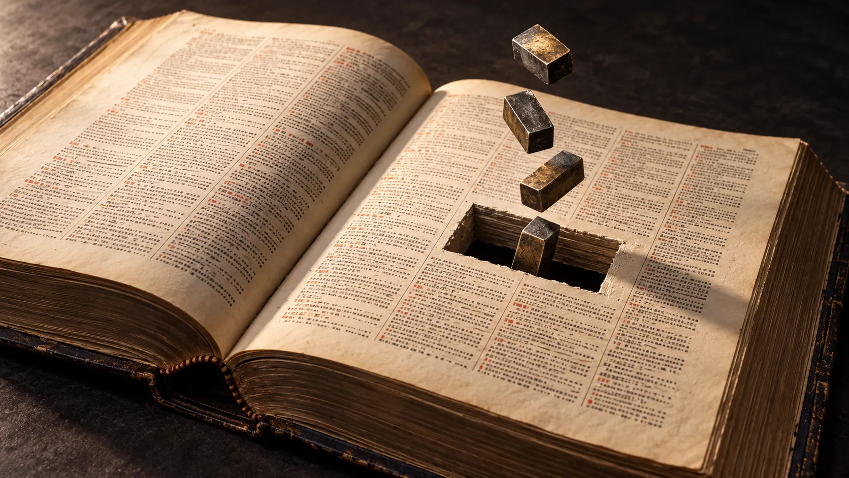 An open antique dictionary has a rectangular opening cut into its right page, with four blank metal printing blocks floating above it.