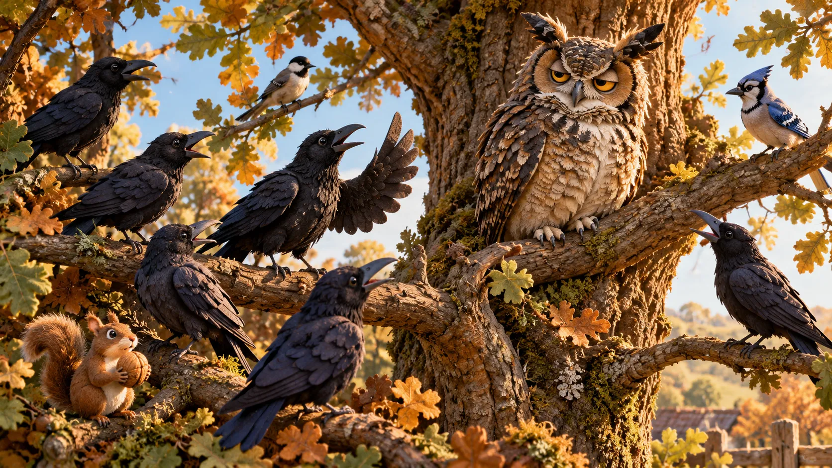Several black crows gather noisily around an unimpressed great horned owl perched in an autumn oak tree, while a chickadee, blue jay and squirrel look on.