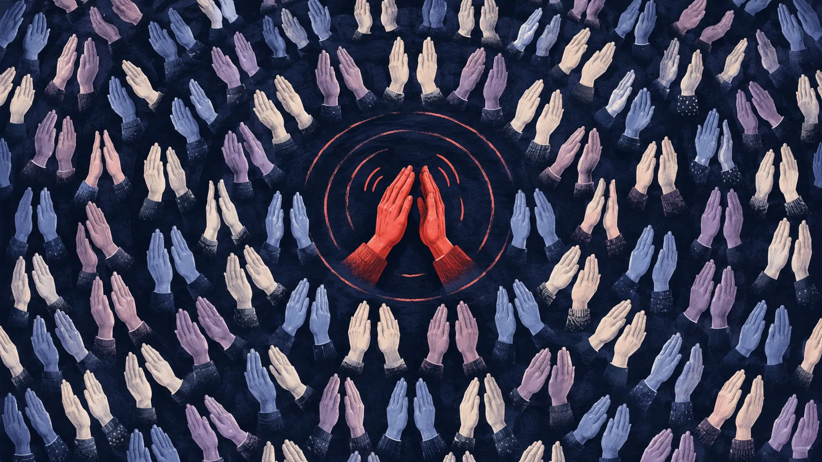 An abstract arrangement of silent ivory hands surrounding one bright red pair still clapping in the center.