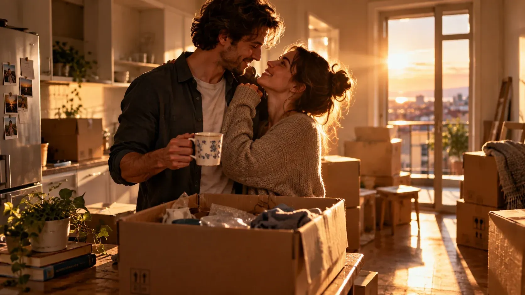 A couple embraces beside moving boxes in a warm sunlit kitchen, the man holding a cherished patterned mug.