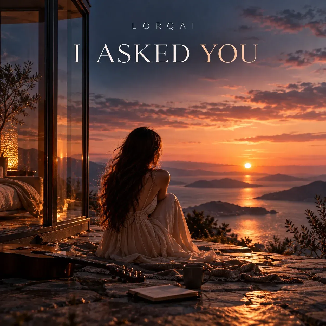 Official I ASKED YOU release cover by LORQAI showing a woman by an open terrace at sunset overlooking the sea, with the title I ASKED YOU.