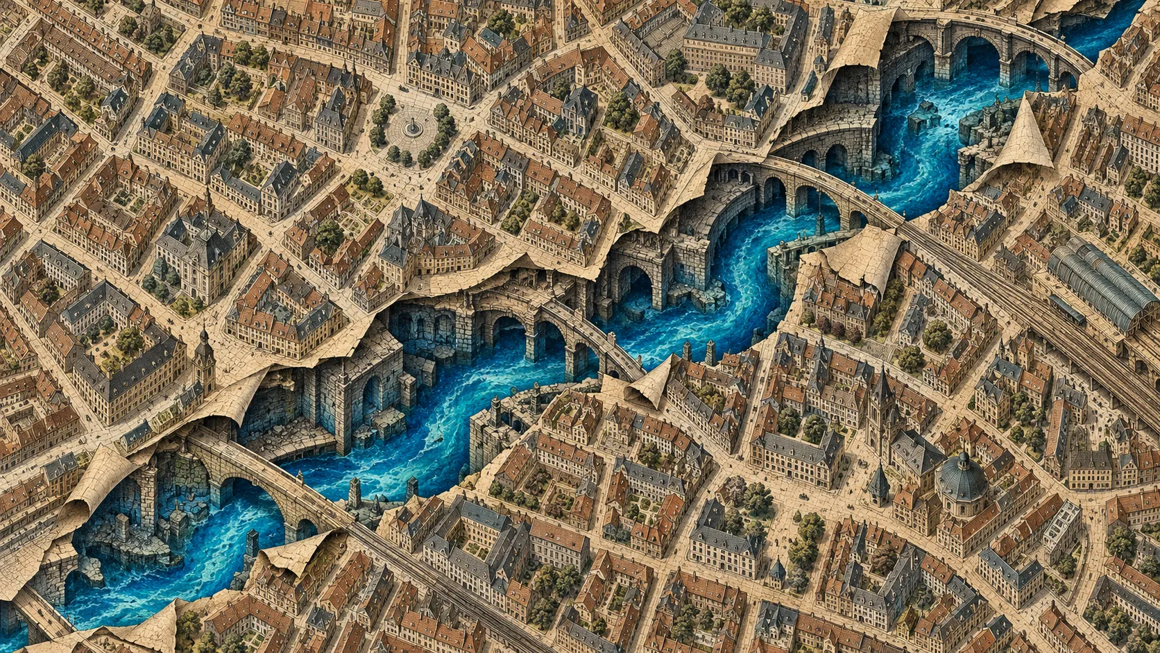 A surreal bird's-eye illustration of an old city with a vivid blue underground river revealed beneath its streets and buildings.