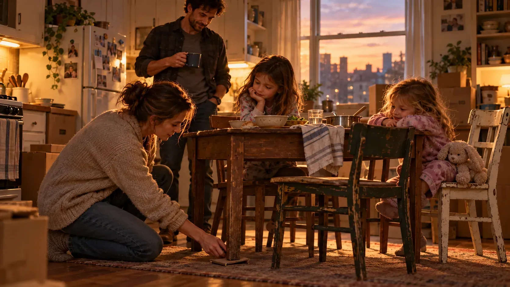 In a modest new apartment, a mother steadies the family’s wobbly secondhand kitchen table while her two young daughters and their father gather for dinner.