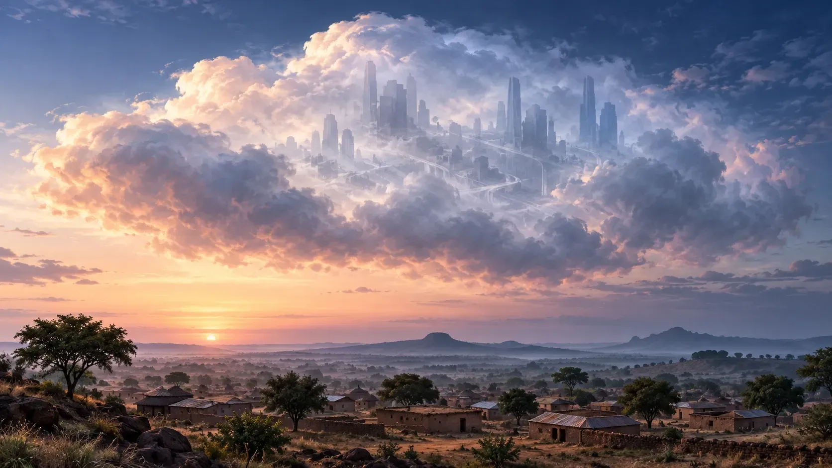 Conceptual illustration of a translucent cloud resembling a floating city above a rural landscape under a cool early-morning sky.