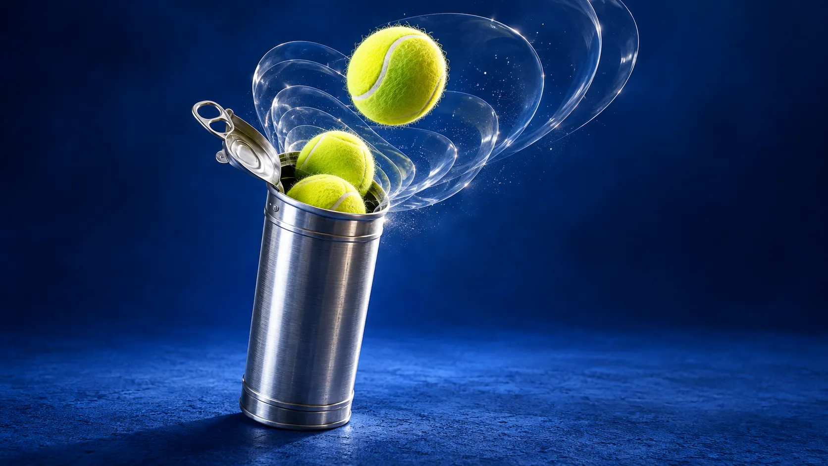A silver tennis ball can with three yellow balls and transparent curved pressure-wave shapes emerging from its open top against a deep blue background.