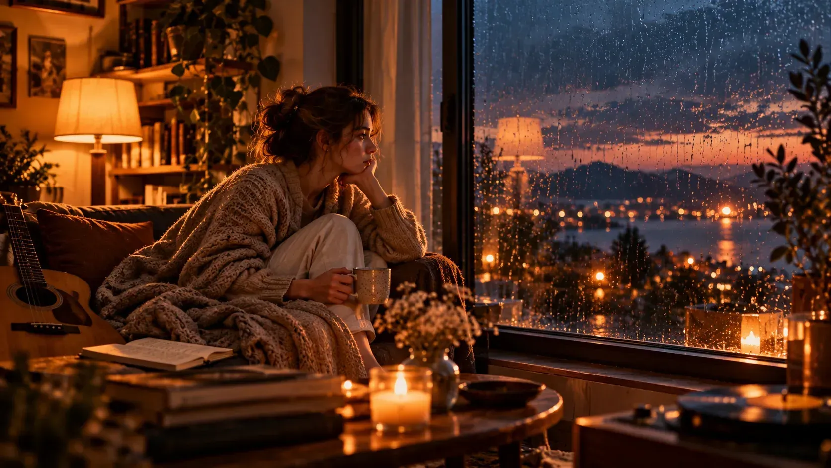 A solitary woman sits near a rain-streaked window in a warmly lit apartment, watching the evening settle beyond the glass.