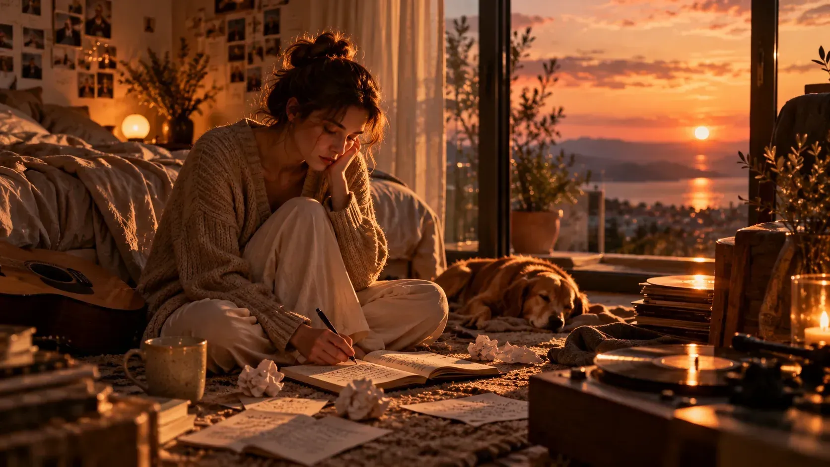 A woman sits alone with an open notebook and scattered papers in a softly lit room as dusk settles beyond the window.