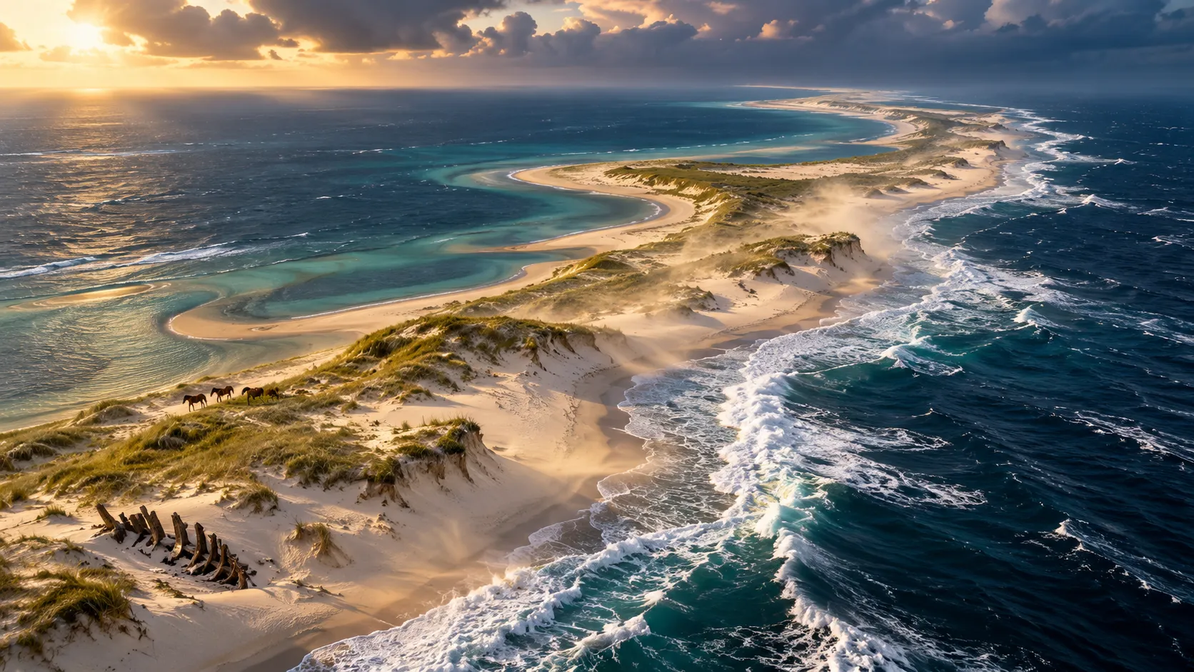 Aerial view of a narrow crescent-shaped sandy island surrounded by dark Atlantic water, with shifting dunes, waves and windblown sand.