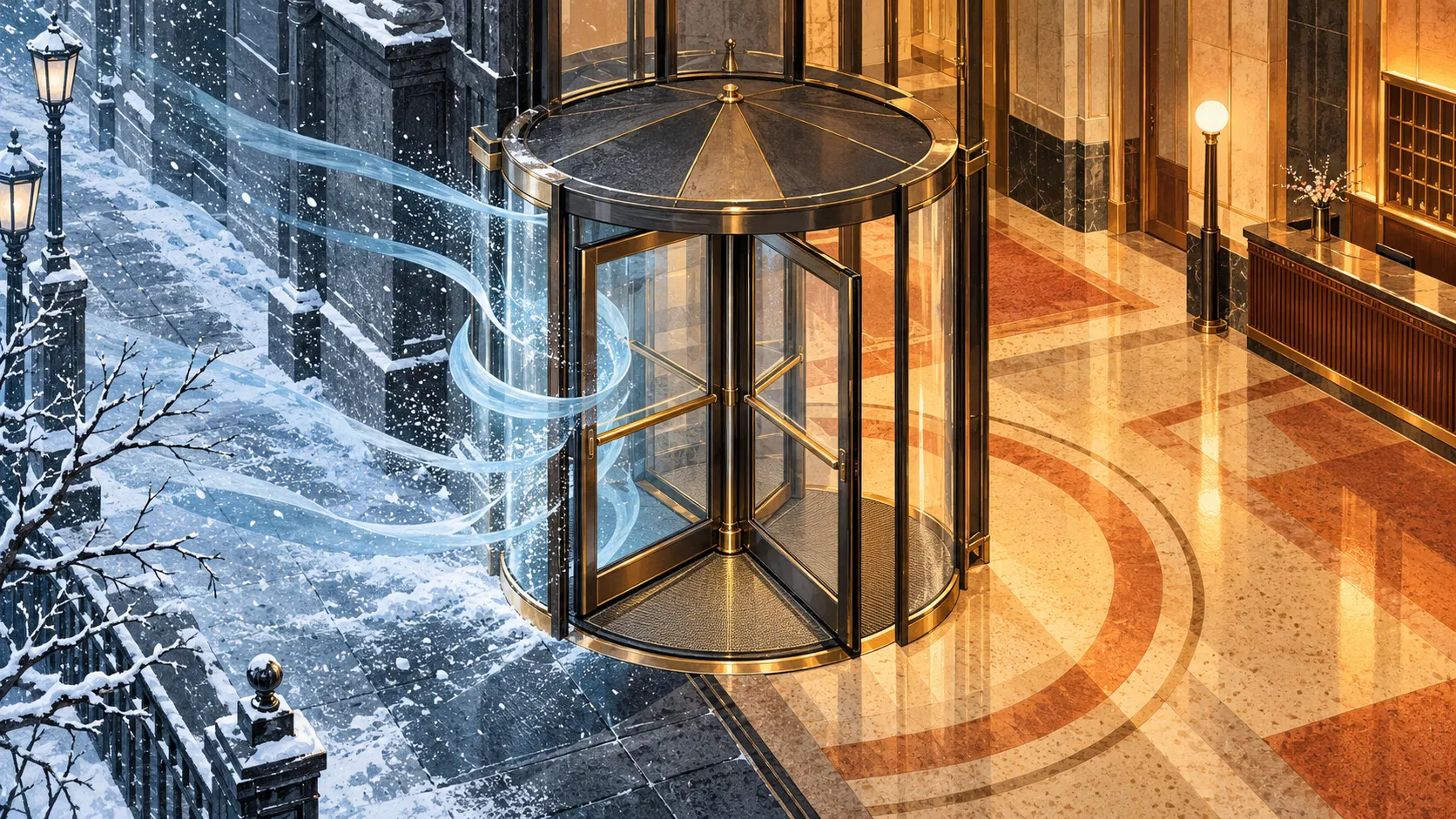 Architectural cutaway of a revolving glass door separating a snowy winter street from a warmly lit hotel lobby.