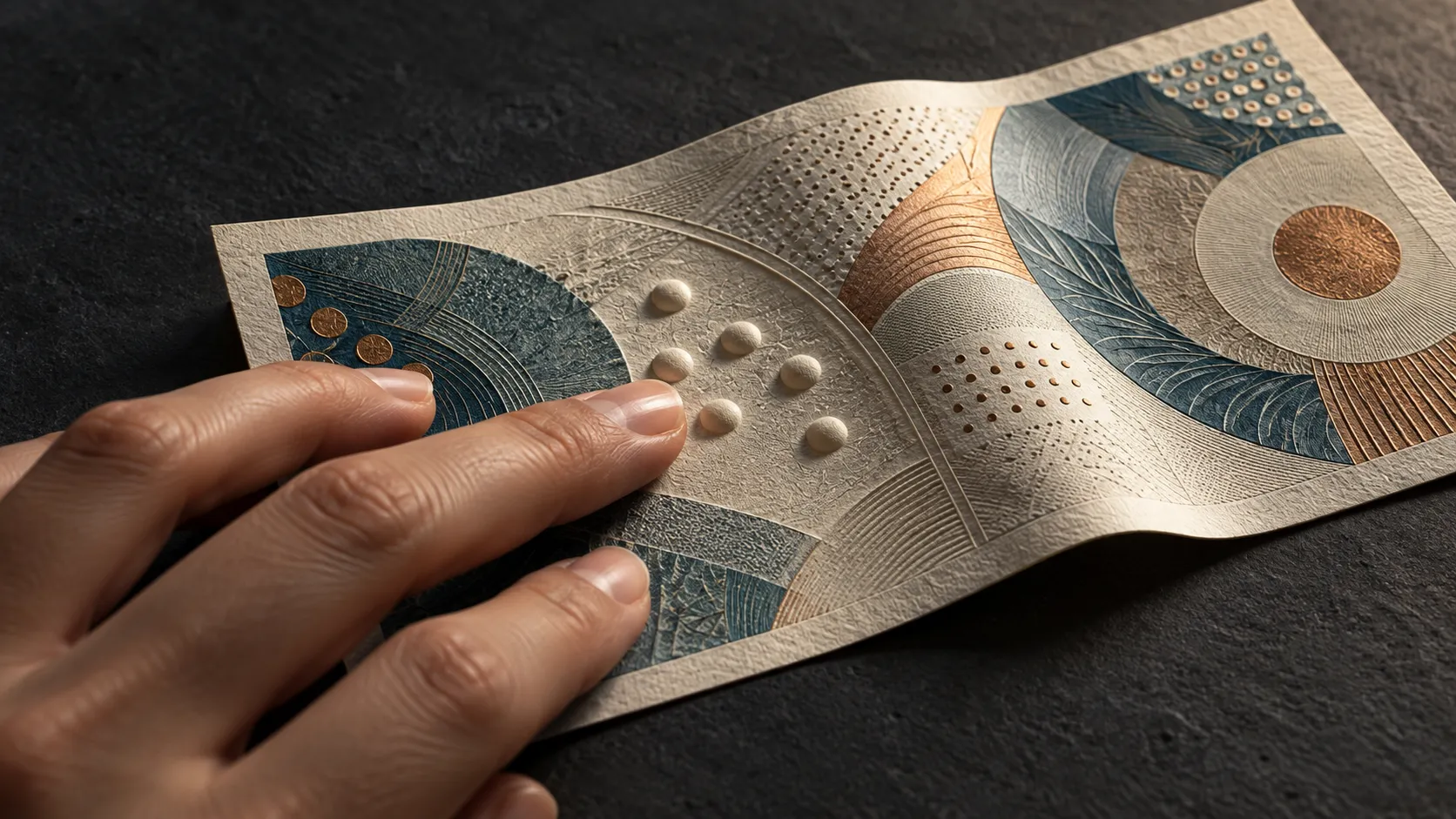 Close-up of a hand touching raised tactile dots on an imaginary banknote, highlighting accessible currency design.