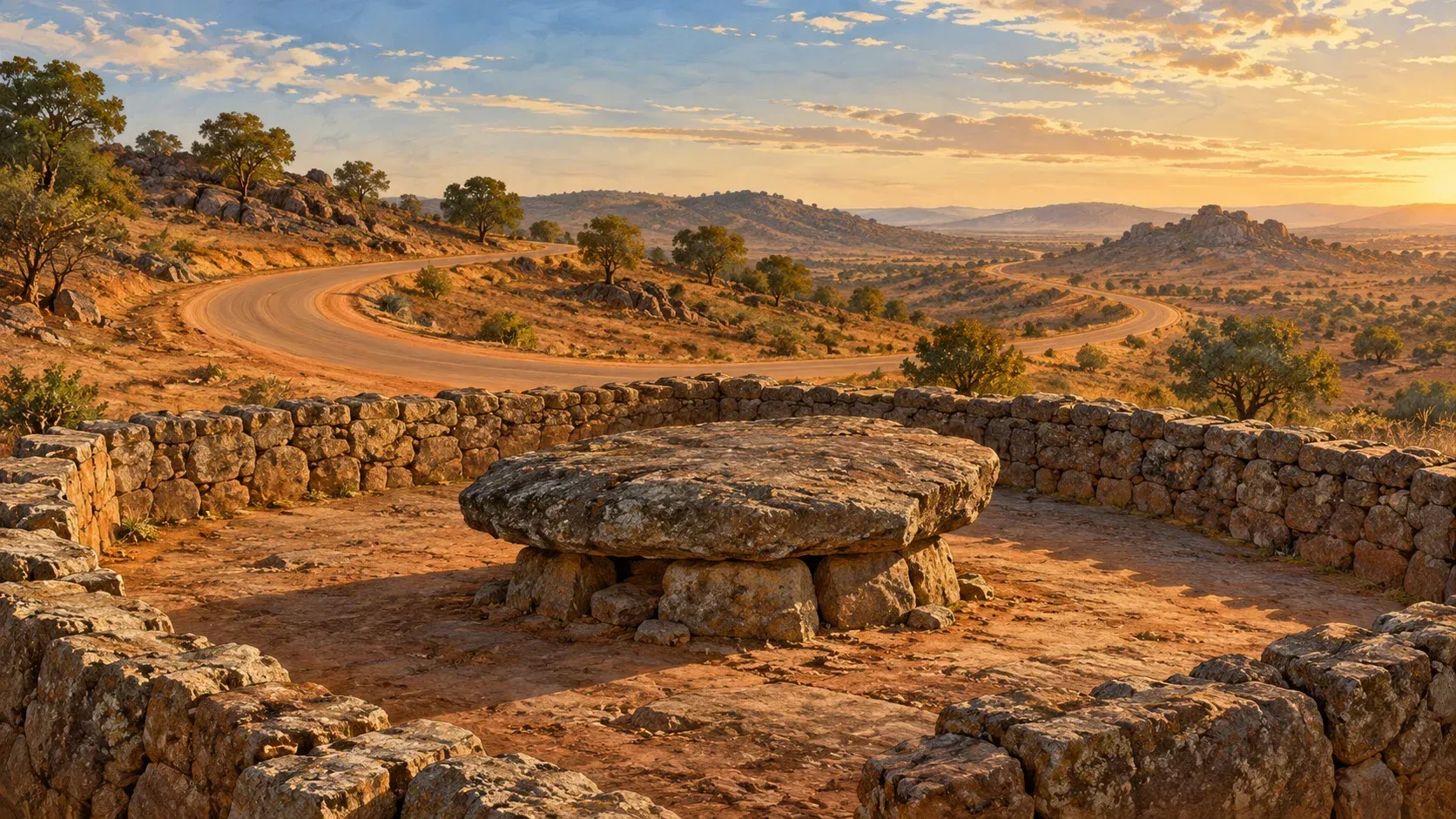 Conceptual illustration of a broad, weathered, flattened stone on low supports inside a rough masonry enclosure, with an ochre road winding across dry hills in the background.