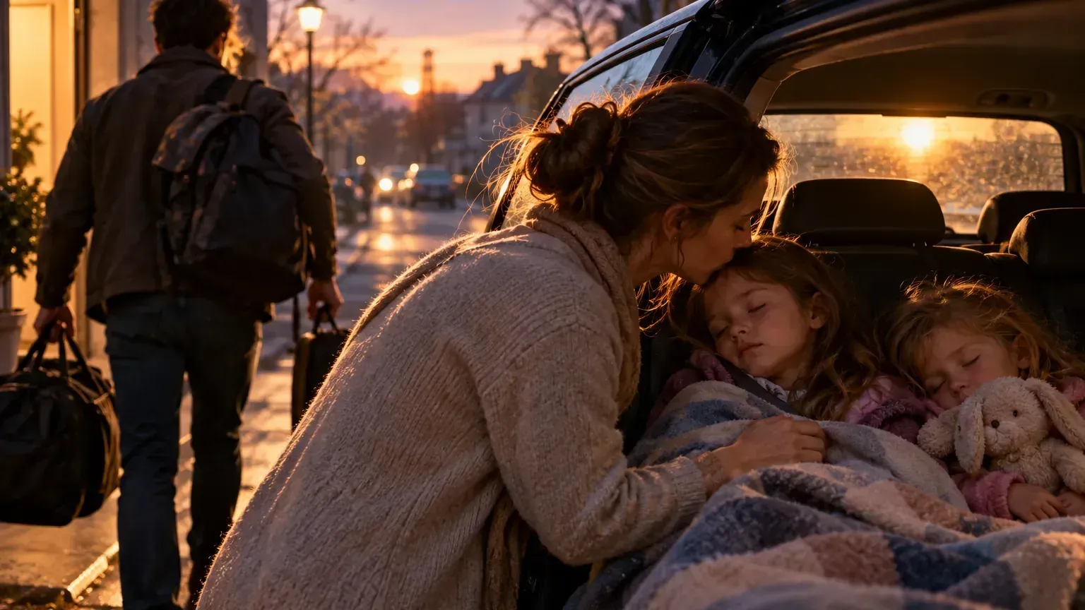 A family prepares to leave a sleeping town at dawn, with two young daughters resting in the back seat as their parents begin an uncertain journey.