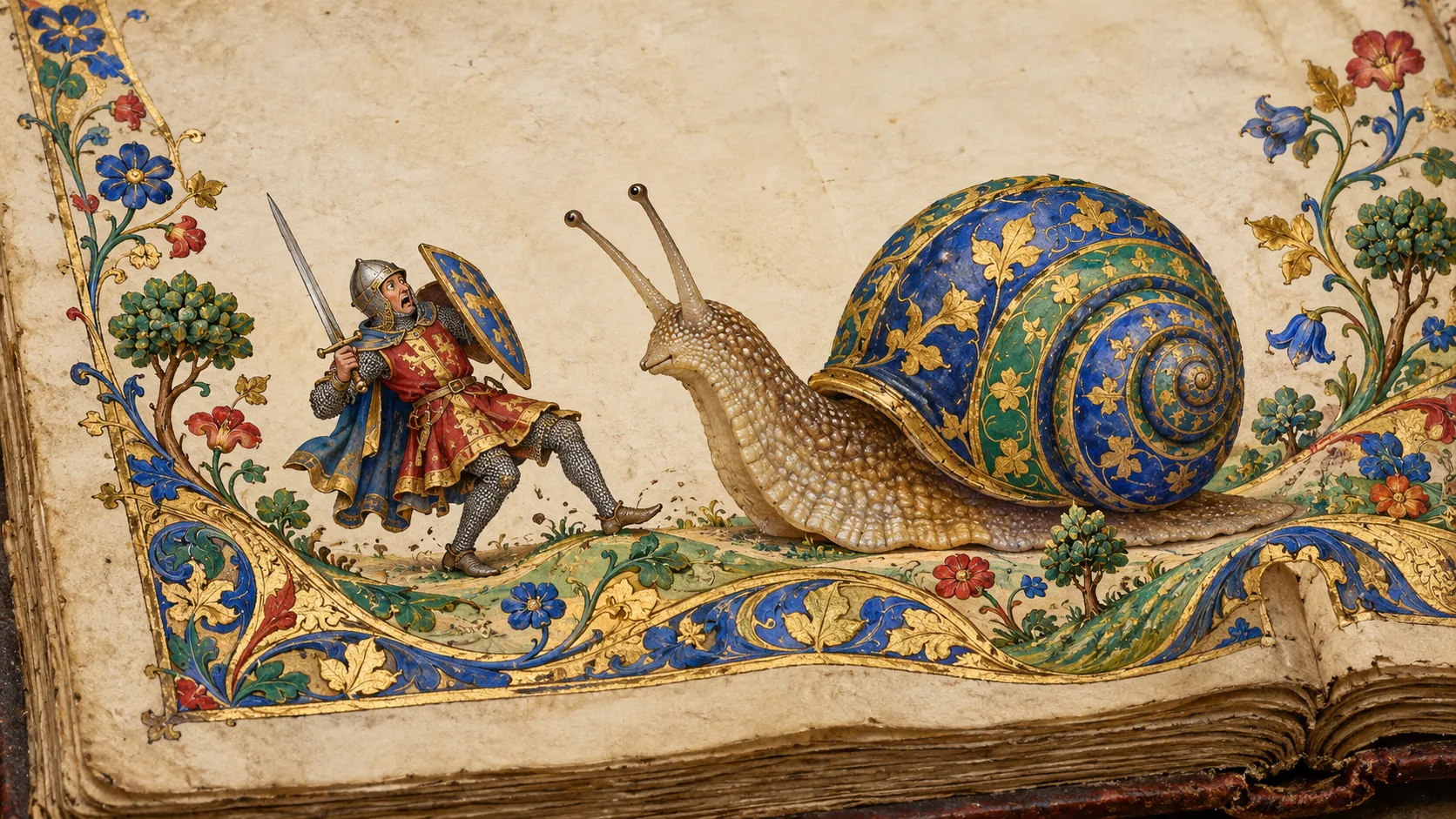 A frightened medieval knight retreats from an enormous snail on an ornate illuminated manuscript border decorated with colorful vines and gold leaf.