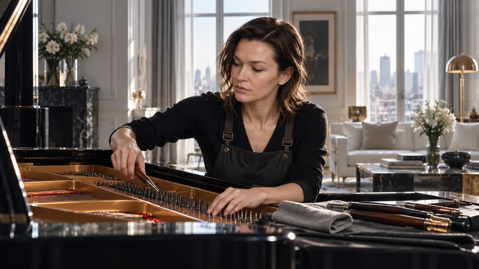 Ilse carefully tuning a grand piano in a bright immaculate apartment