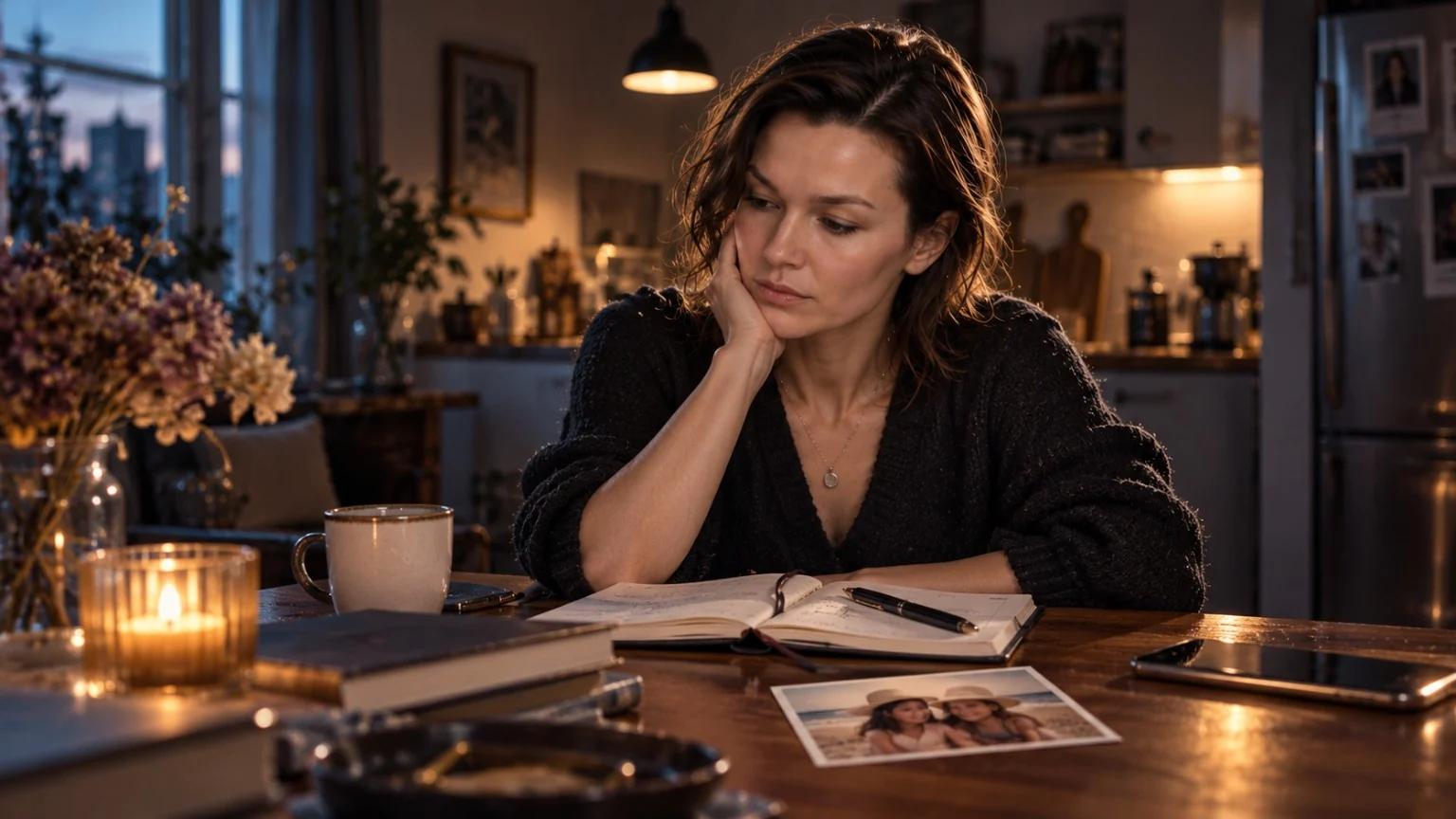 Ilse sitting alone at a kitchen table with a notebook and photograph of her sister