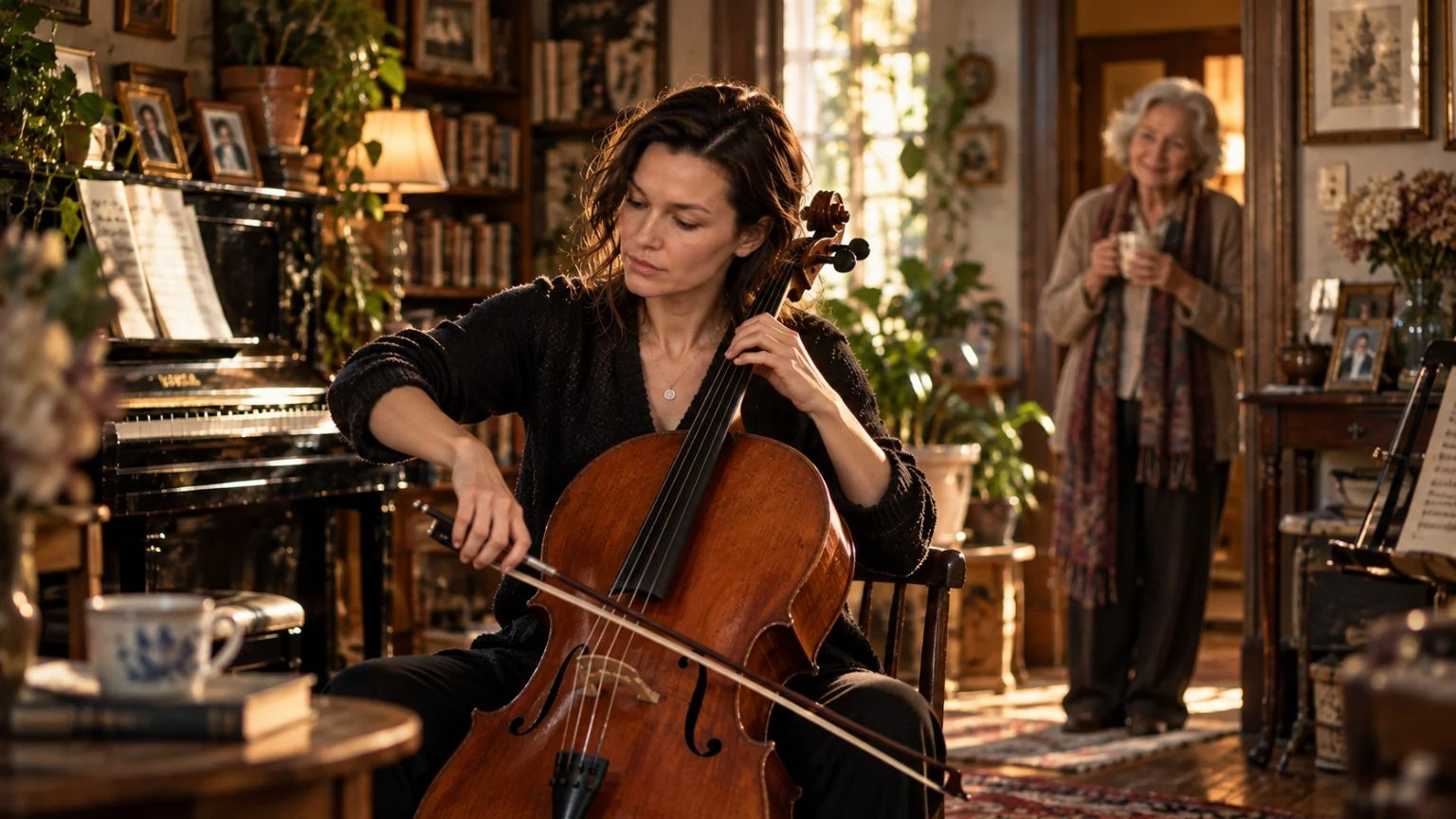 Ilse playing an old cello in Ruth’s welcoming music room while Ruth watches