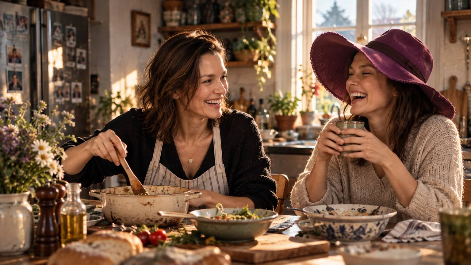 Ilse laughing with her sister wearing a purple hat over a casual kitchen lunch
