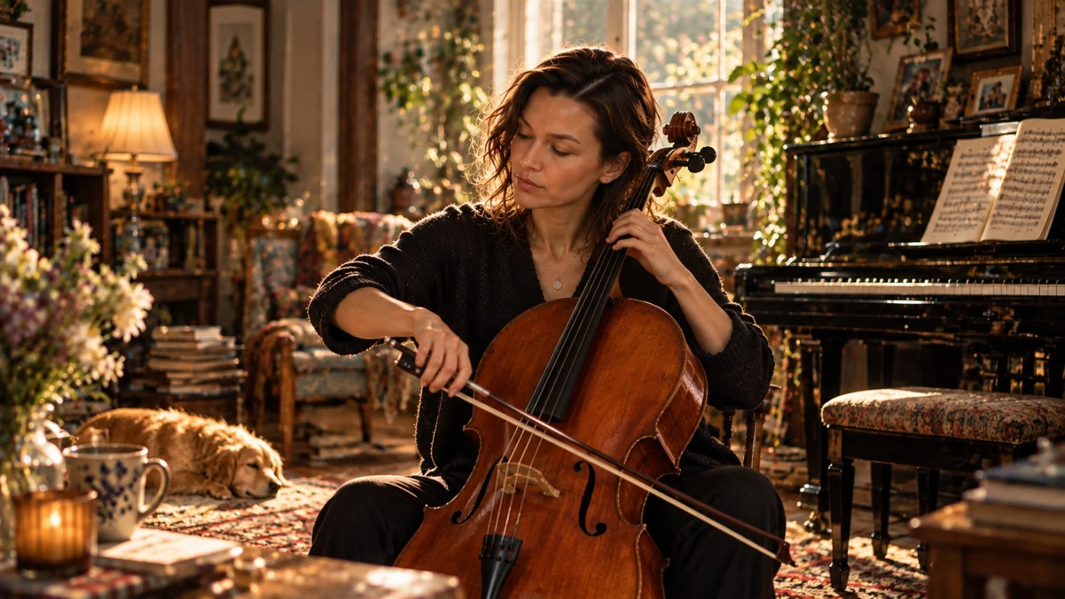 Ilse playing cello in Ruth’s sunlit living room beside a sleeping dog