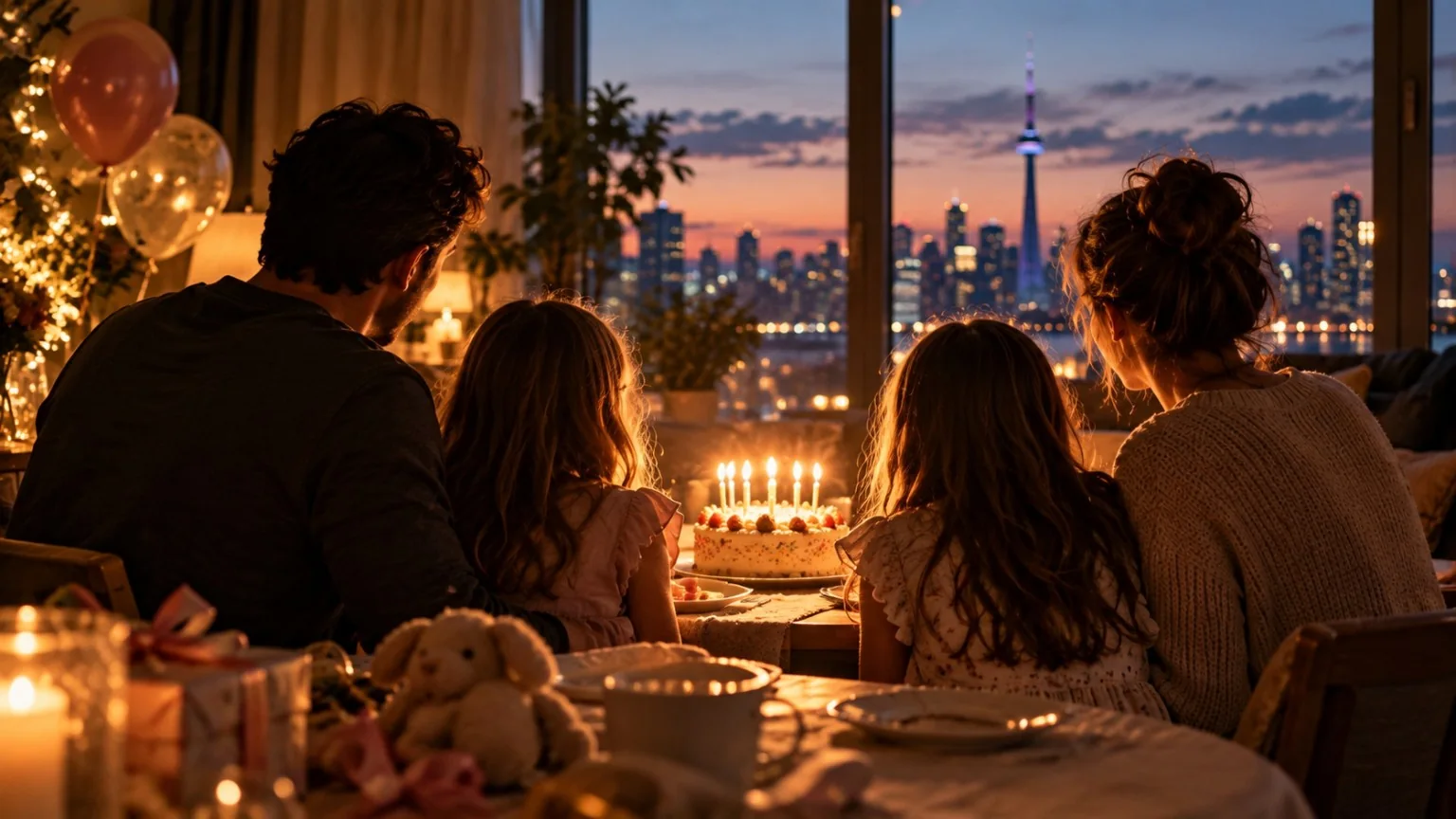 Family gathered around a birthday cake at dusk