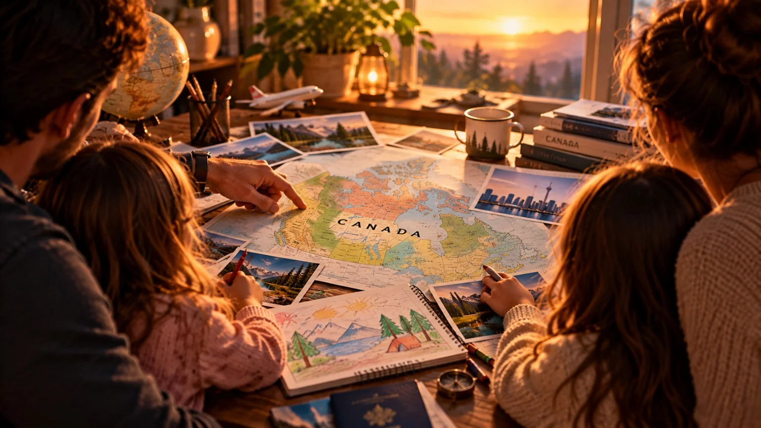 Family exploring a map of Canada with drawings and photographs
