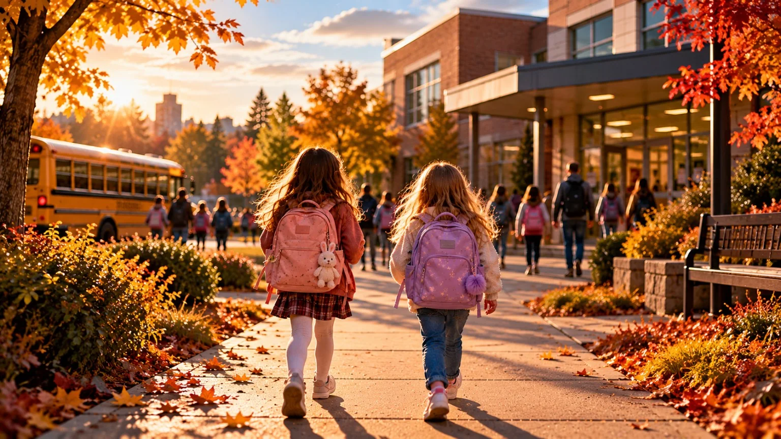 Two sisters walking toward school in autumn