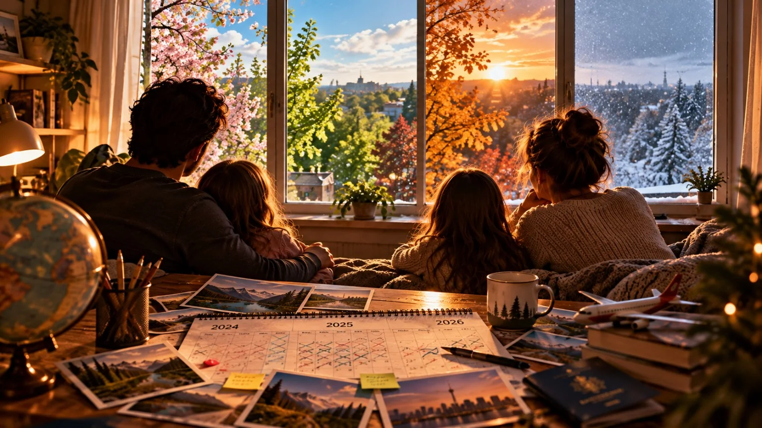 Four seasons outside a window and calendars on a table