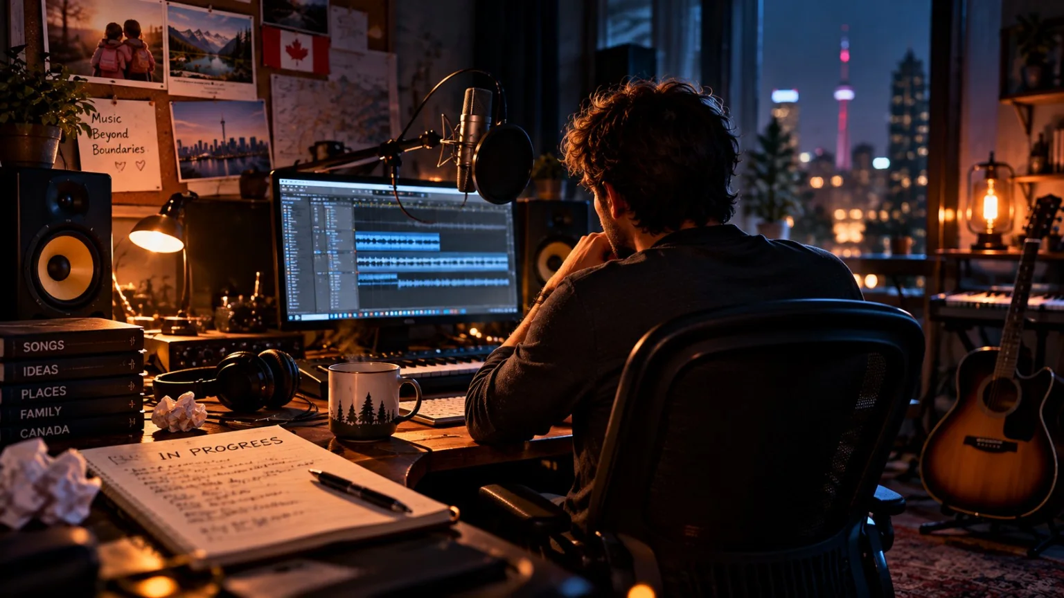 Musician working in a warmly lit home recording studio