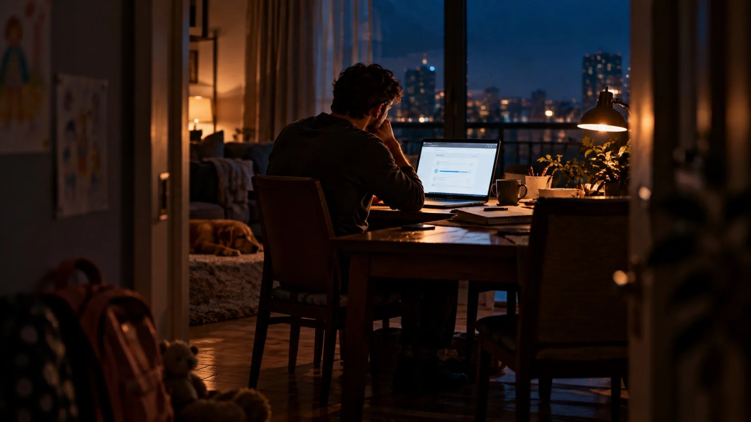 A parent reviewing an application on a laptop late at night