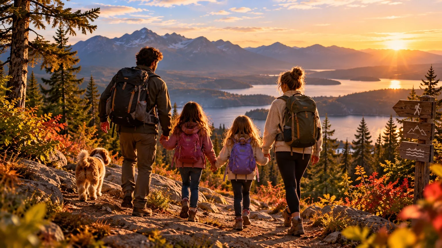 Family hiking together in a mountain landscape