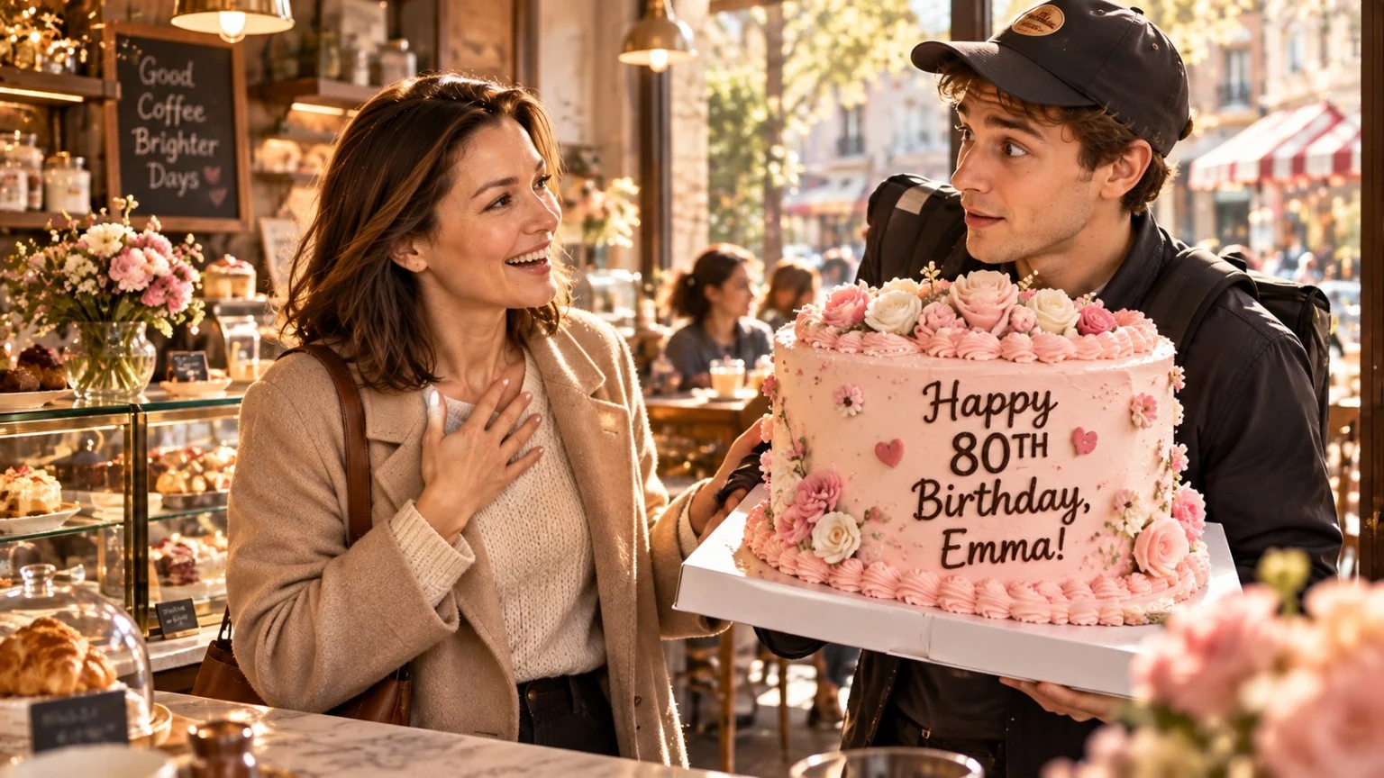 Emma laughs at an accidentally delivered eightieth birthday cake in a café